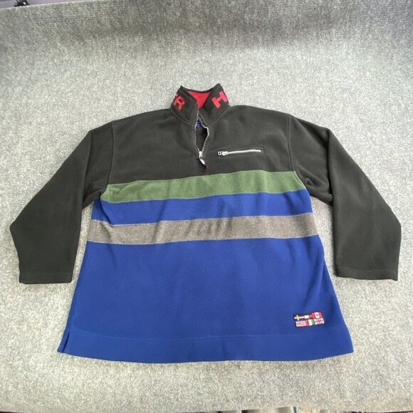 Vtg Tommy Hilfiger Outdoor Mens XL Jacket Striped 1/4 Zip Fleece Spellout Hoodie - Picture 1 of 16